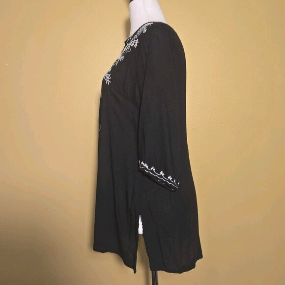 Pink Cattlelac Womens Black White Floral Embroidered 3/4 Sleeve Tunic Rayon We S - Picture 3 of 9